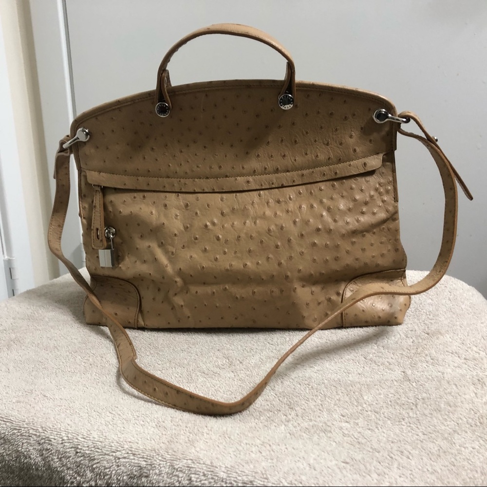 Furla beige Ostrich top handle bag with side strap